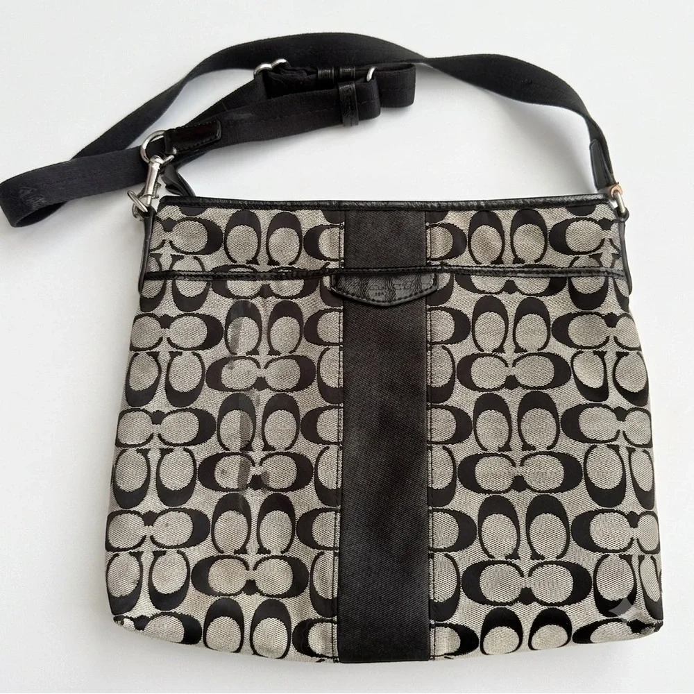 Coach Signature Stripe File Bag features a black and gray monogram canvas